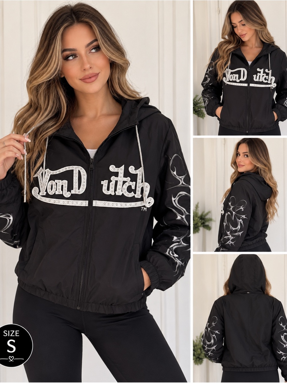 Von Dutch women’s Black Hooded Windbreaker with White Graphic Sleeves